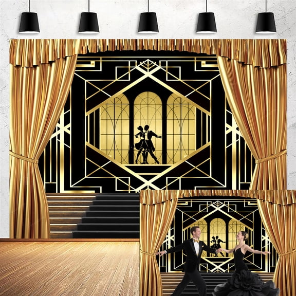 5x3ft Roaring 20s Backdrop for Photography Great 1920s Retro Roaring Party Decor Photo Background Wedding Black and Gold Golden Banner Decoration Birthday Briadal Shower Photo Shoot Booth Supplies