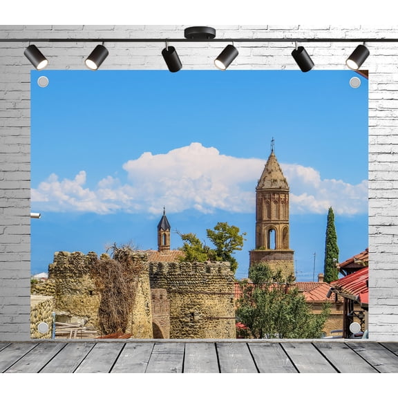 5x3ft Rustic Backdrop Ancient Town with Towers and Mountains Photo Backdrop for Theme Party Wedding Birthday Baby Shower Decoration Banner Photo Booth Props