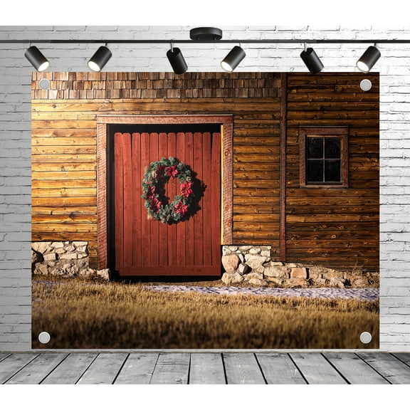 5x3ft Rustic Backdrop Brown Wooden House Red Door Wreath Photoshoot Photo Backdrop Wood Panel Background for Theme Party Wedding Birthday Baby Shower Decoration Banner Photo Booth Props