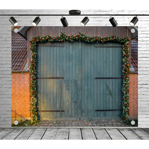 5x3ft Rustic Backdrop Green Wooden Door Floral Garland Photoshoot Photo Backdrop Wood Panel Background for Theme Party Wedding Birthday Baby Shower Decoration Banner Photo Booth Props