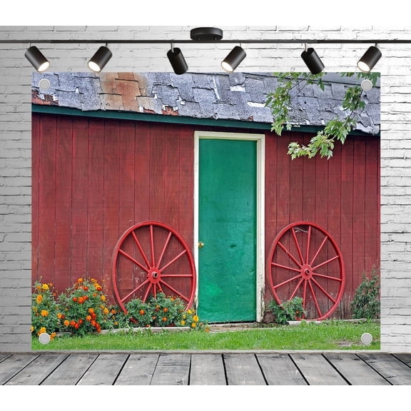 5x3ft Rustic Backdrop Red Barn Green Door Photo Backdrop Wheels Decoration Background for Theme Party Wedding Birthday Baby Shower Decoration Banner Photo Booth Studio Props