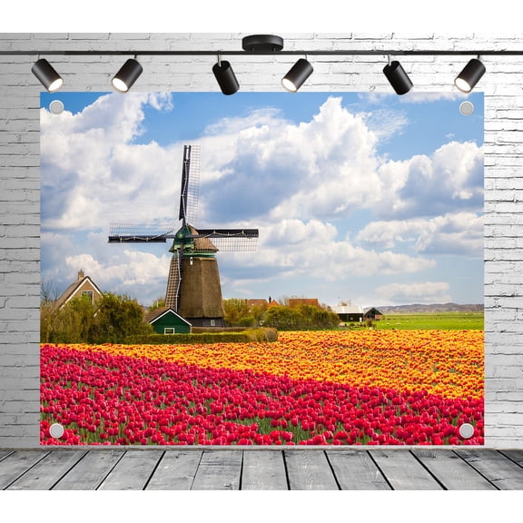 5x3ft Rustic Backdrop Windmill with Tulip Field Photo Backdrop Floral Photography Background Theme Party Wedding Birthday Baby Shower Decoration Banner Photo Booth Studio Props