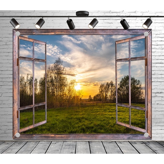 5x3ft Rustic Backdrop Window View of Sunset Field Photo Backdrop Grass Background for Theme Party Wedding Birthday Baby Shower Decoration Banner Photo Booth Studio Props