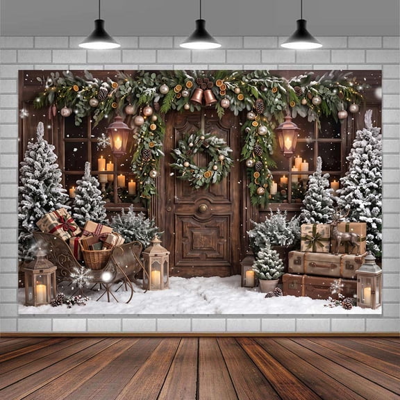 5x3ft, Rustic Christmas Backdrop Winter Wood Door Xmas Photo Background Vintage Wood Cabin Winter Snowy Trees Gifts Holiday Family Christmas Party Decoration Supplies Banner Photo Studio Props