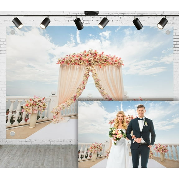 5x3ft Sea View Terrace Wedding Photoshoot Backdrop Light Pink Tulle Pink and White Flower Arch Ceremony Party Engagement Proposal Background Photography Studio Props