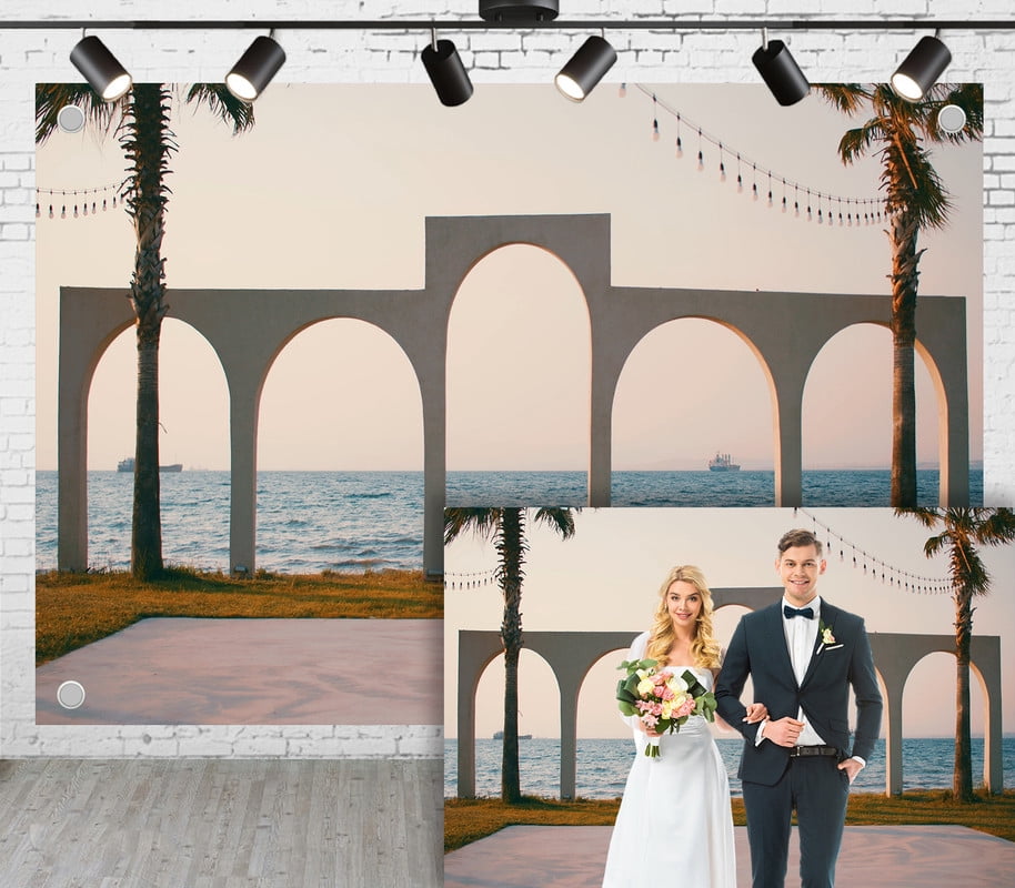5x3ft Seaside Wedding Photoshoot Backdrop White Arch Building With Palm ...