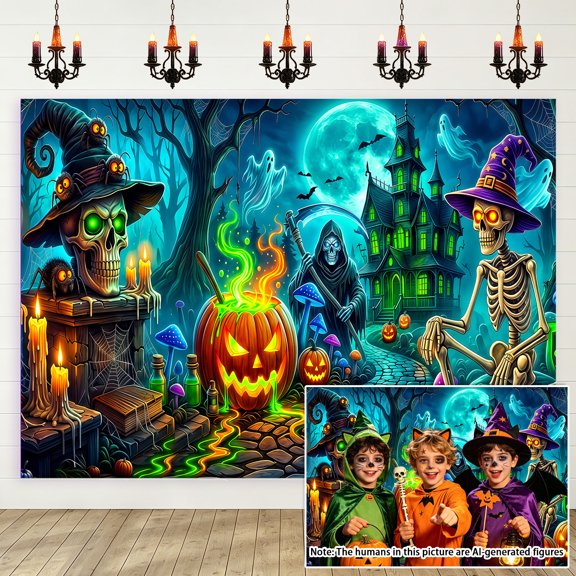 5x3ft Spooky Haunted House Halloween Backdrop, Skeleton Witch Photography Background, Jack-O-Lantern Cauldron Moon Photo Booth Prop for Party, Studio