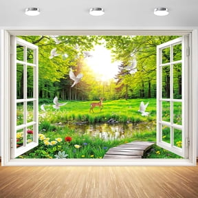 5x3ft Spring Garden Window Backdrop for Photography Floral Forest Nature Landscape Photo Background Flowers for Portrait Photoshoot, Wedding, Baby Shower, Birthday Party, Studio Decor