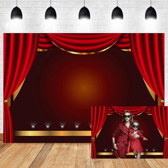 5x3ft Stage Backdrop Red Curtain Gold Lace Dance Music Party Performance Act Out Theater Drama Show Celebrating Ceremony Photographic Background Adult Portrait Vinyl Studio Props Wallpaper