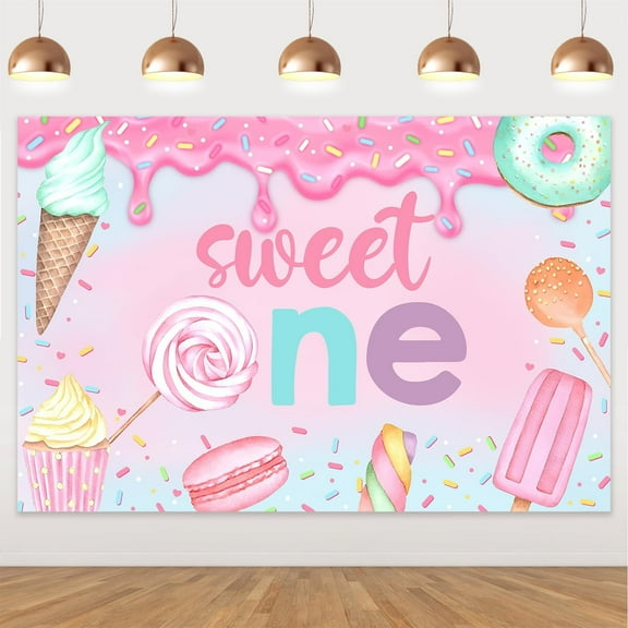 5x3ft Sweet One Birthday Backdrop 1st Birthday Pink Sweet Donut Ice Cream Photo Background Candy Land Theme Birthday Party Decorations Ice Cream Dessert Banner for Girl's First Birthday Decor Supplies