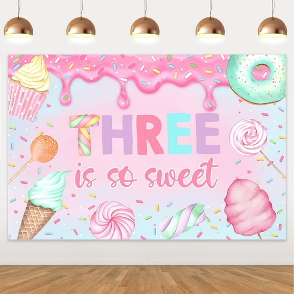 5x3ft Three is so Sweet Birthday Backdrop 3rd Donut Photo Background Happy Birthday Dessert Decorations Girl Third Birthday Party Banner for Girls 3rd Birthday Party Decor Supplies