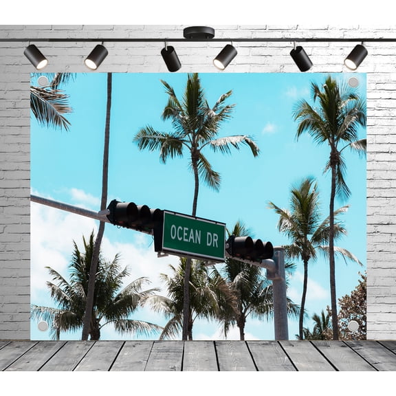 5x3ft Tropical Street Backdrop – Ocean Dr Sign, Palm Trees & Blue Sky Banner for Summer Party, Vacation Photos, Photo Booth or Urban Theme Decor, Wedding Photoshoot