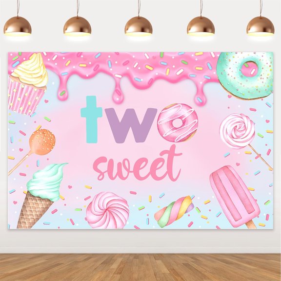 5x3ft Two Sweet Birthday Party Backdrop Girls Sweet Candy Second Birthday Party Background Happy 2nd Birthday Party Decorations Photo Booth Props for Girls Two Sweet Birthday Party Supplies