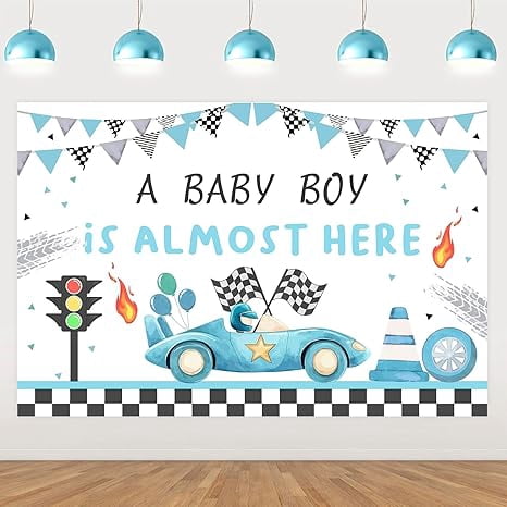 5x3ft Vintage Blue Race Car Baby Shower Backdrop - A Baby Boy is Almost ...