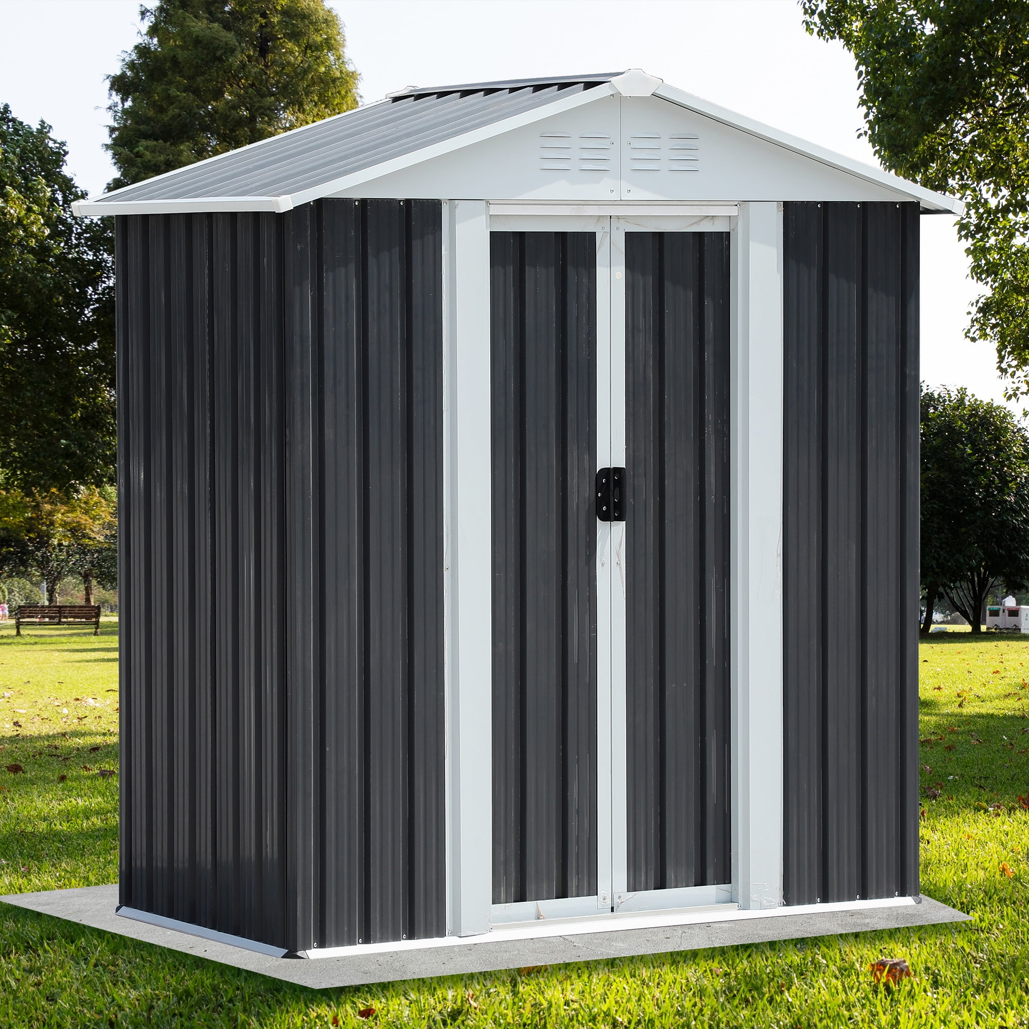 5x3ft  Waterproof Metal Outdoor Garden Storage Shed with Sliding Doors&Apex Roof