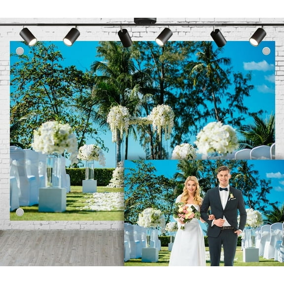 5x3ft Wedding Photoshoot Backdrop Floral Arch Sea Lawn Flower-covered Pathway Palm Trees Background For Engagement Proposal Birthday Party Decoration Outdoor Theme Video Studio Props