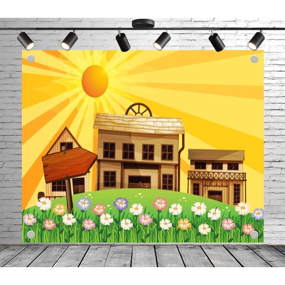 5x3ft Western Backdrop Rustic Town with Flower Field Photo Backdrop for Theme Party Wedding Birthday Baby Shower Decoration Banner Photo Booth Studio Props