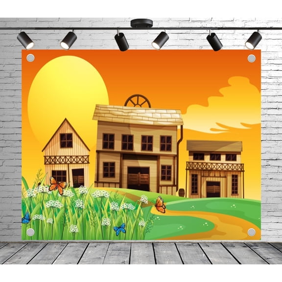 5x3ft Western Backdrop Town with Flower Field Photo Backdrop Photography Background for Theme Party Wedding Birthday Baby Shower Decoration Banner Photo Booth Studio Props
