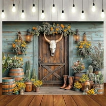 5x3ft Western Cowboy Backdrop for Photography Rustic Wooden House Barn Door Vintage Western Photoshoot Wild West Saloon Cow Skull Party Decorations Banner Background Cowboy Family Photo Props