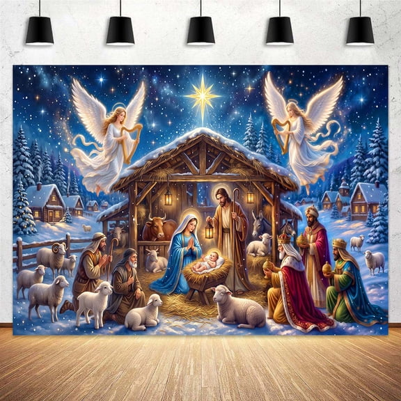 5x3ft, Winter Christmas Nativity Manger Scene Backdrop Birth of Jesus Religious Holy Night Star Christian Jesus Birthday Photography Background for Xmas Holiday Church Event Decorations Banner