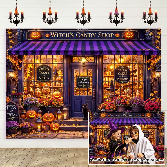 5x3ft Witch's Candy Shop Halloween Backdrop, Spooky Trick or Treat Photography Background, Vintage Witch Storefront Photo Booth Prop for Kids Party, Studio