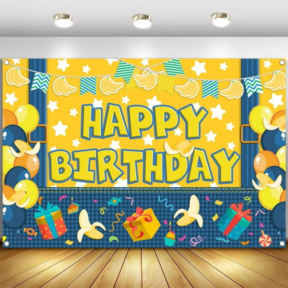 5x3ft Yellow Mini Cartoon Theme Backdrop Cartoon Banana Photography Background Boys Girls Birthday Party Decorations Photo Booth Banner Props