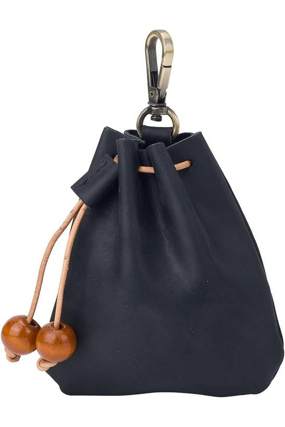 5x4"/125*106mm Black Genuine Leather Mini Medieval Pouch Keychain Crazy Horse Leather Drawstring Pouch Credit Card Wallets Coin Purse Change Holder Organizer for DIY Business Office Men Women