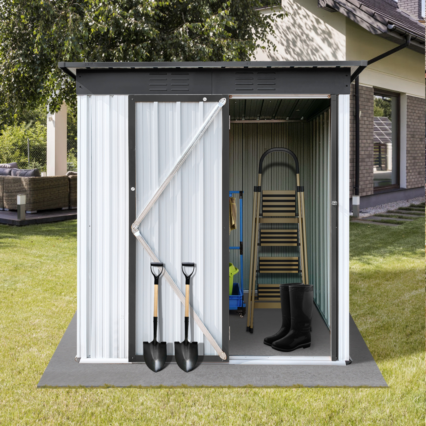 5x4 FT Metal Outdoor Storage Shed with Sloping Roof, Lockable ...