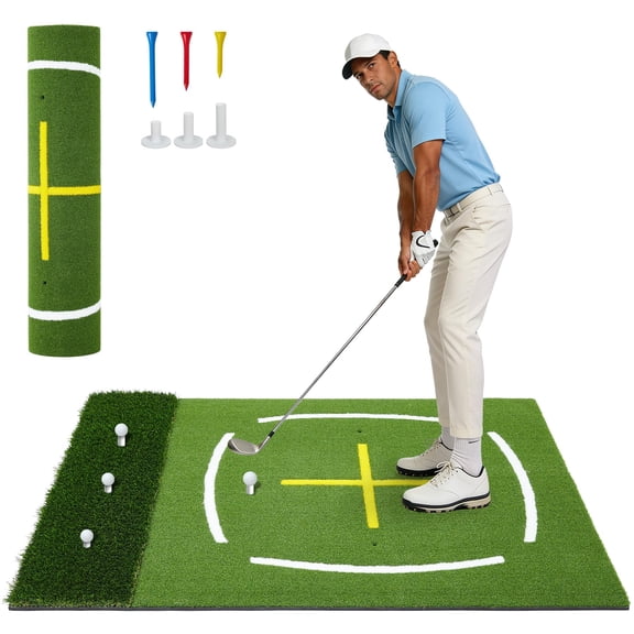 5x4 ft Dual-Turf Golf Hitting Mat with Stance Guide & Swing Path Lines, Thickened PE & EVA Base for Indoor Outdoor Practice, Portable Foldable Training Mat, Ideal Golf Gifts for Men and Dads