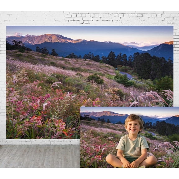 5x4ft Fabric Outdoor Background Natural Scenery Style Colorful Flowers Grassland Mountains Sunrise Picnic Camping Hiking Home Decoration Wedding Photoshoot Birthday Party Photography Backdrop