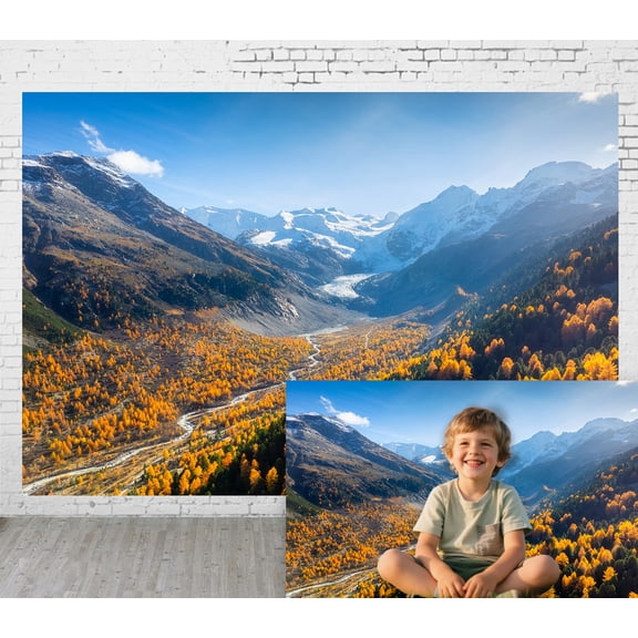 5x4ft Fabric Outdoor Background Natural Scenery Style Snow Mountain River Forest Canyon Picnic Camping Hiking Home Decoration Wedding Photoshoot Birthday Party Photography Backdrop