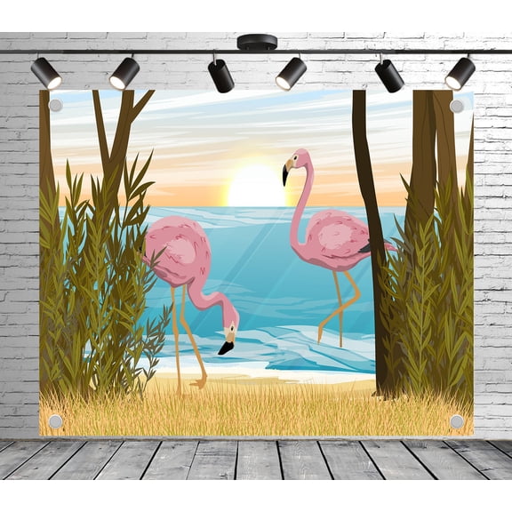 5x4ft Flamingo Backdrop Cartoon Beach Photo Background Decoration Banner for Theme Party Wedding Birthday Baby Shower Photo Booth Studio Props