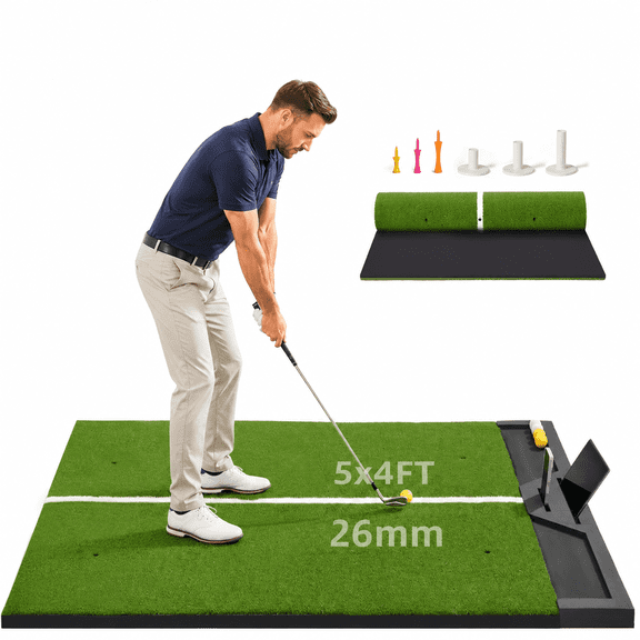 5x4ft Golf Hitting Mat, Heavy Duty Golf Practice Mat with Ball Tray & Phone Slot, Artificial Turf Golf Simulator Mat with Alignment Line for Indoor & Outdoor Driving Range Use