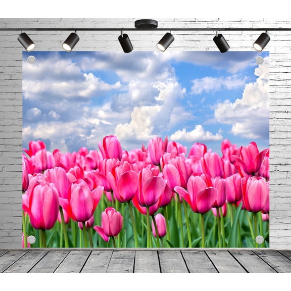5x4ft Gorgeous Pink Tulip Field Backdrop Photoshoot Photo Backdrop Nature Scenery Background for Theme Party Wedding Birthday Baby Shower Decoration Banner Photo Booth Studio Props