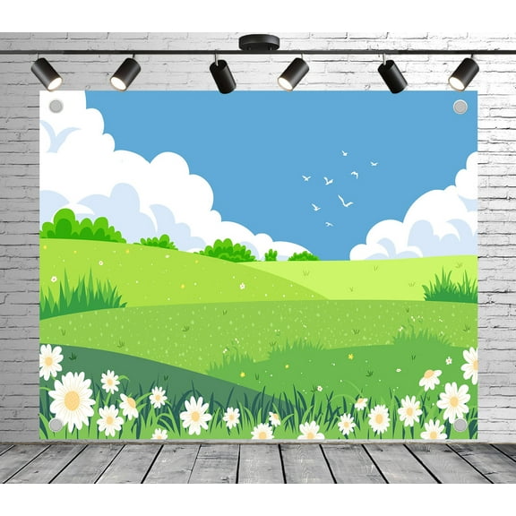 5x4ft Grass Backdrop Daisy Scattered Green Field Photo Backdrop Garden Background Decoration Banner for Theme Party Wedding Birthday Baby Shower Photo Booth Studio Props