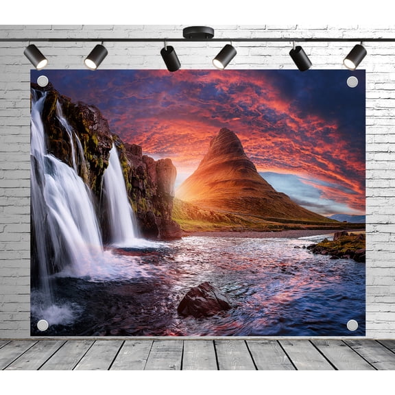 5x4ft Outdoor Background Fiery Sunset Waterfall Pyramid Mountain Flowing Stream Scenic Wedding Photoshoot Birthday Party Photography Backdrop