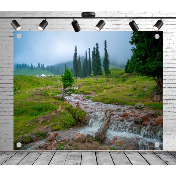 5x4ft Outdoor Background Flowing Stream Green Meadow Pine Forest Misty Mountains White Yurts Scenic Wedding Birthday Party Photography Backdrop