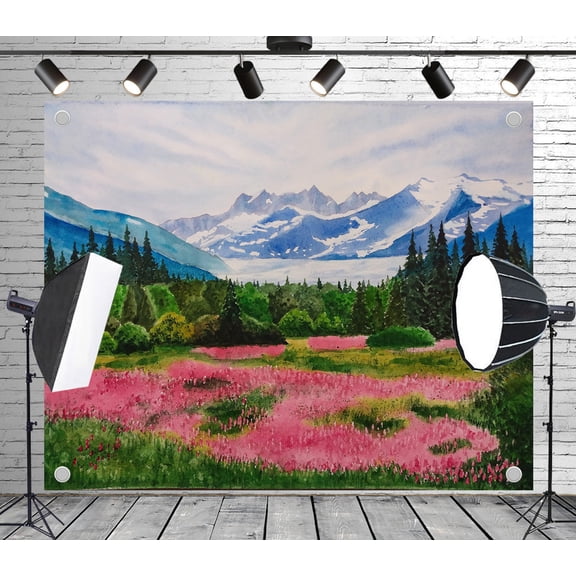5x4ft Outdoor Background Watercolor Style Pink Blossom Field Forest Snow Capped Mountains Lake Scenic Wedding Birthday Party Photography Backdrop