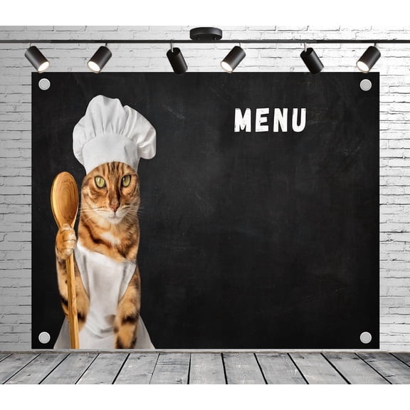 5x4ft Patterned Backdrop Chef Cat Menu Photo Backdrop Chalkboard Background Decoration Banner for Theme Party Wedding Birthday Baby Shower Photo Booth Studio Props