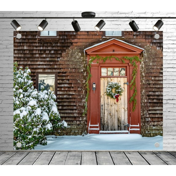 5x4ft Rustic Backdrop Snowy House Wooden Door Wreath Photo Backdrop Wood Panel Background for Theme Party Wedding Birthday Baby Shower Decoration Banner Photo Booth Props