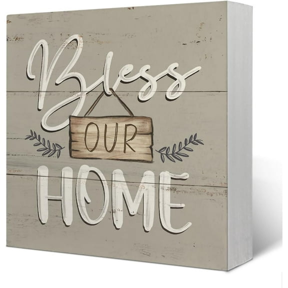 5x5 IN Bless Our Home Wooden Box Sign Desk Decor - Rustic Home Decor, Blessed Signs for Home Decor, Housewarming Decoration, House Warming Gifts for New Home,