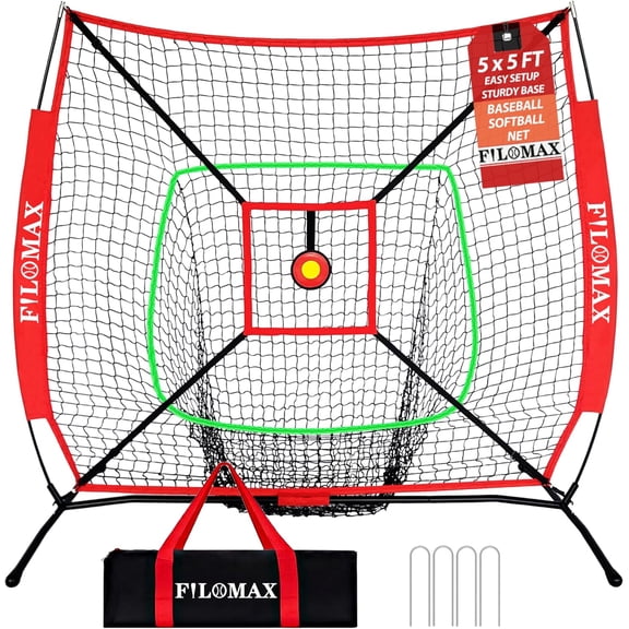 5x5 FT Baseball & Softball Practice Net with Red Strike Zone & Target | Youth Baseball & Softball Training Net for Hitting, Pitching, Batting |for Accurate Throwing Practice,Includes Carry Bag.