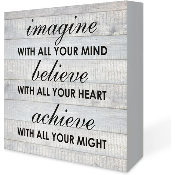 5x5 IN Inspirational Imagine Believe Achieve Wooden Box Sign, Home Office Desk Decor for Men Women, Motivational Encouragement Cheer Up Gifts
