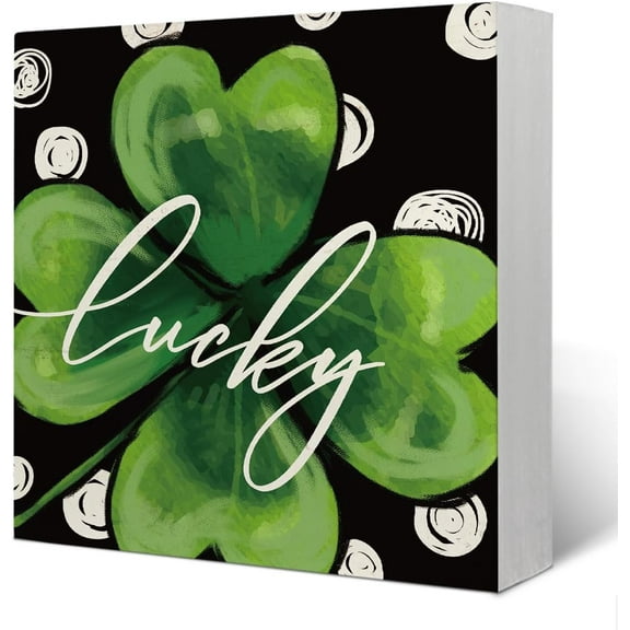 5x5 IN Lucky Sign,Four Leaf Clover St Patricks Day Decorations Green Wooden Signs Lucky Irish Party Decoration, Wooden Box Sign