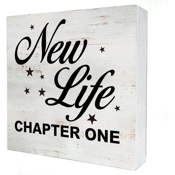 5x5 IN New Life Chapter One Wooden Box Sign with Saying Desk Decor Wedding Box Sign Wood Plaque Block Sign Rustic Art Home Decor