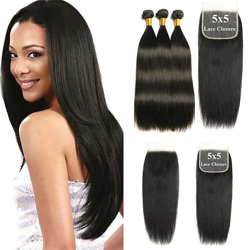 5x5 Lace Closure Straight, Brazilian Virgin Human Hair 3 Bundles (18 20 22)