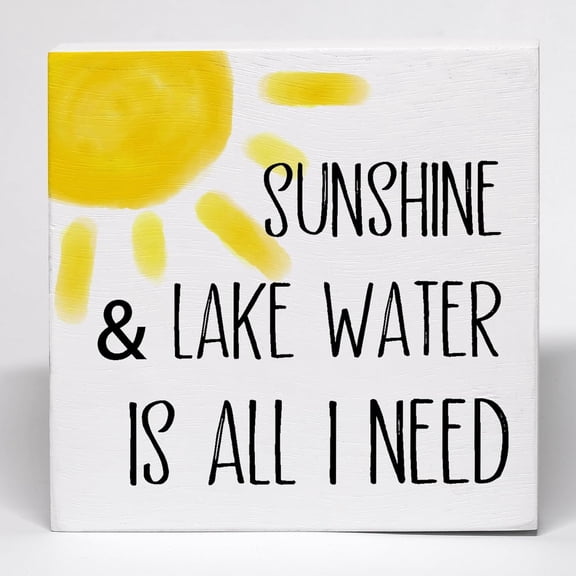 5x5 IN Lake Decor Wooden Box Sign, Lake House Decor for Home Desk Office Decor, Lake House Sign, Sunshine And Lake Water Is All I Need Wooden Box Block Sign