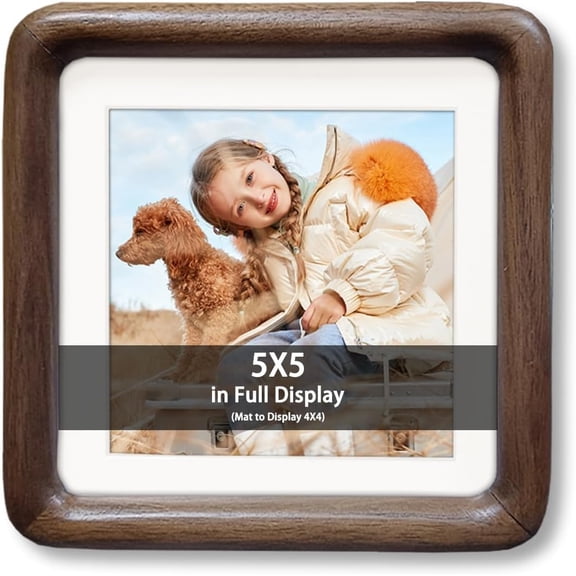 5x5 Natural Dark Walnut Solid Wood Picture Frames, Hand Make Crafted Original Wood Frame with Mat to 4x4,Rounded Edge Wooden Photo Frame, For TableTop and Wall Decoration