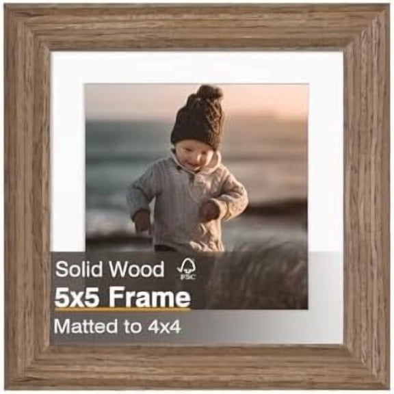 5x5 Picture Frame, Brown Square Solid Wood Frames for Pictures 4x4 with Mat or 5x5 without Mat, Wall and Tabletop Display Photo Frames Brown Wood 1 Pack