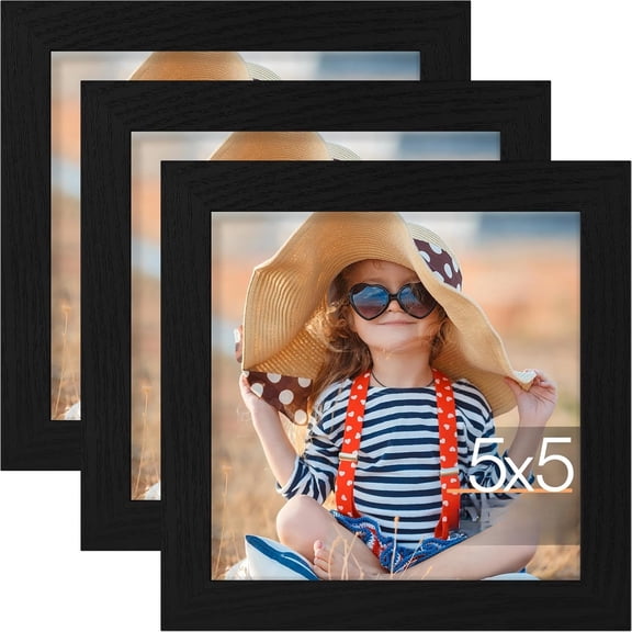 5x5 Picture Frame Set of 3, Photo Frame for Wall Mounting or Tabletop, Engineered Wood with Shatter Resistant Plexiglass, Black